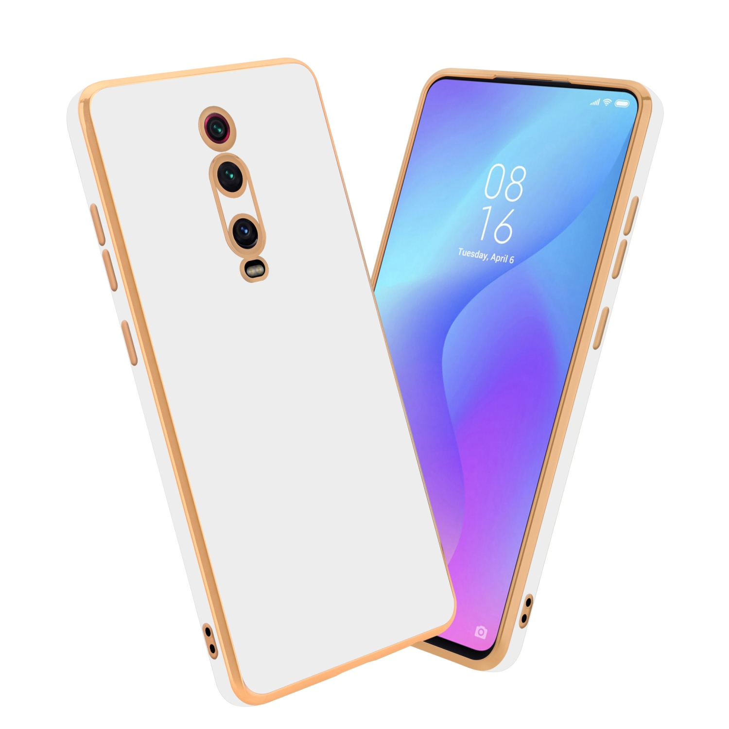 Weißes Handycase mit goldenem Rand, Handy auf dem Display. Case hat Kameraausschnitt. Hintergrund weiß.