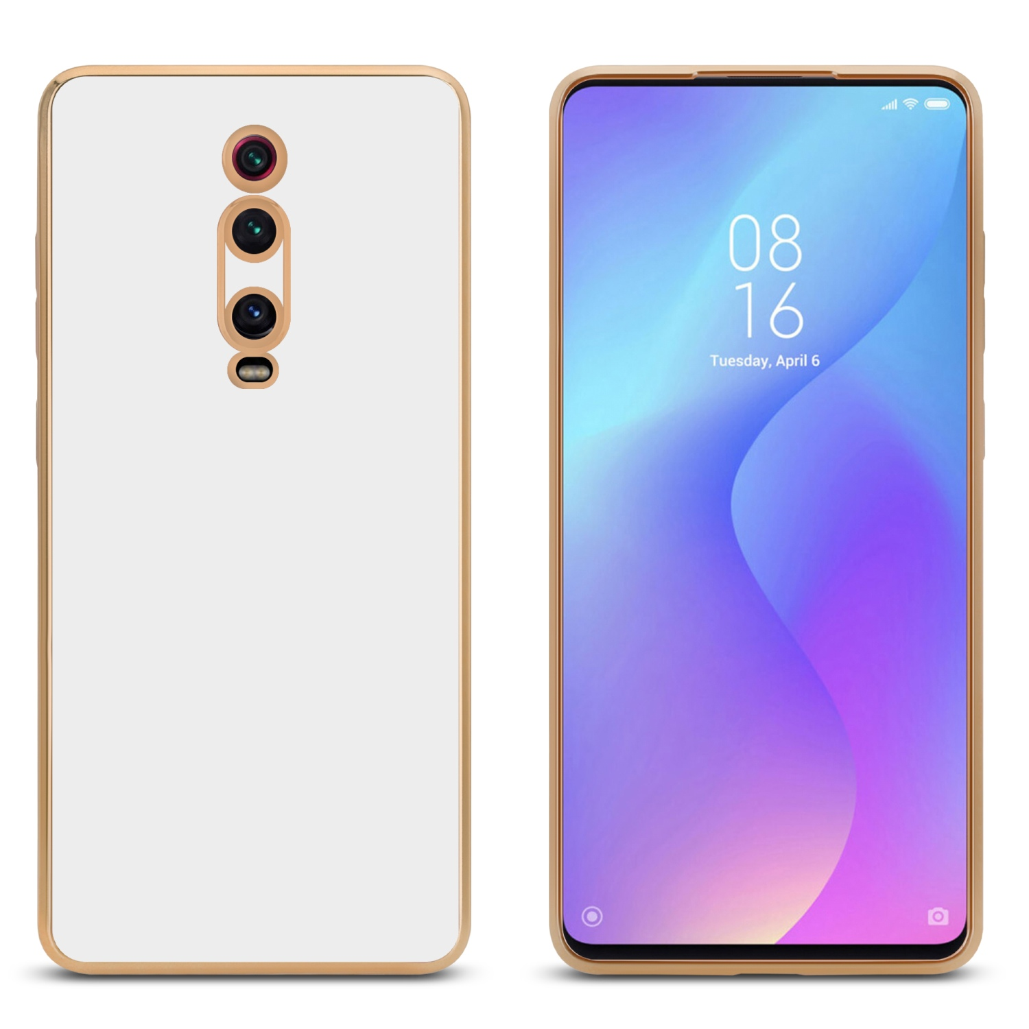 Weiße Handyhülle mit goldenem Rahmen links, Telefon mit Display rechts.
