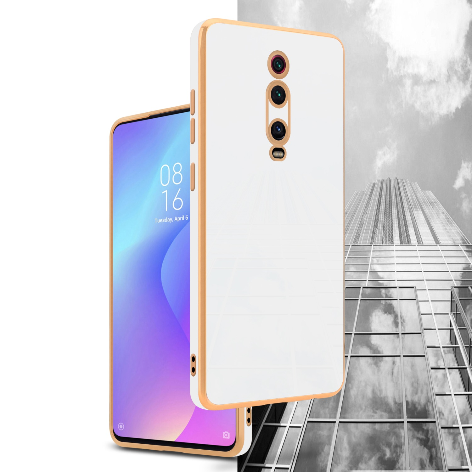 Zwei Telefone mit weißem Gehäuse und goldenem Rahmen. Eines ist vorne, das andere im Hintergrund.