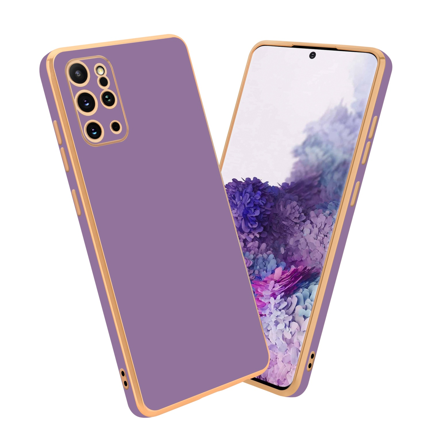 Lila Handyhülle mit goldenem Rand auf einem Handy. Das Handy ist angewinkelt und zeigt den Bildschirm und die Hülle.
