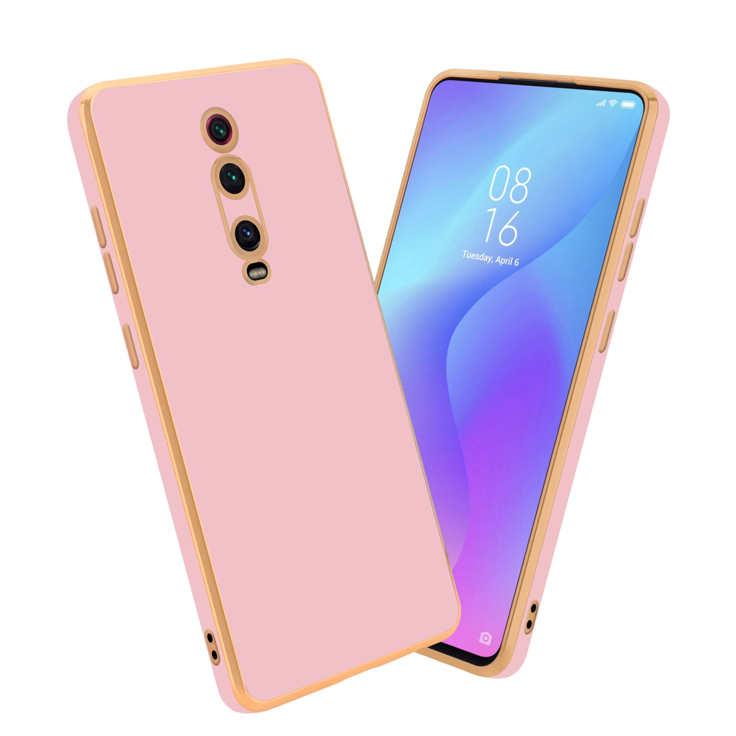 Rosa Handyhülle mit goldenen Zierleisten. Telefon mit blauem Bildschirm.