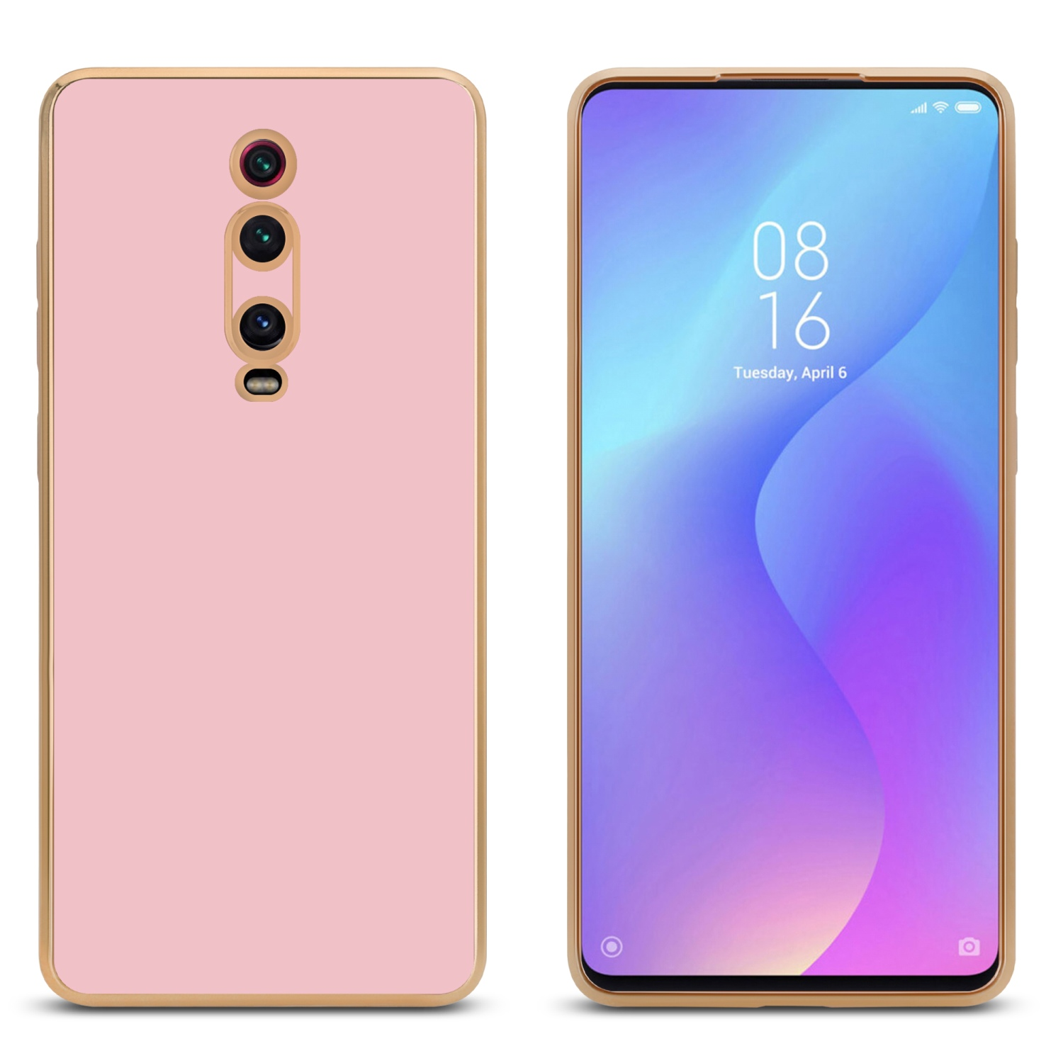 Zwei Handyhüllen. Beide haben goldene Kanten. Eine ist rosa und zeigt den Bildschirm. Die andere ist rosa.