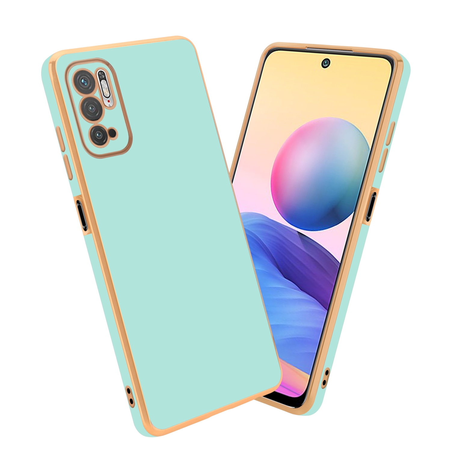 Mintgrünes Telefon mit Goldrahmen und Goldhülle. Der Bildschirm ist rechts.