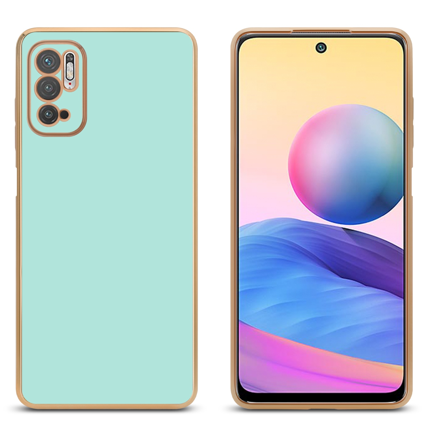 Zwei Telefone: eins mit mintgrüner Rückseite und goldenem Rand, das andere mit rosa und blauem Display.