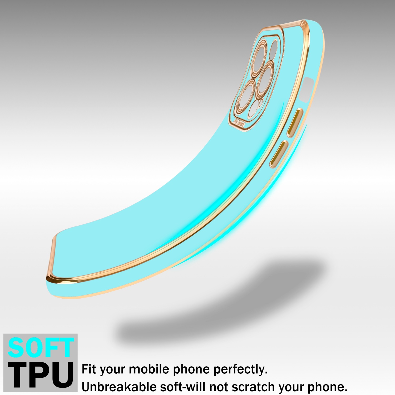 Blaue Handyhülle mit Goldkanten. Das Telefon ist weiß und die Hülle sagt SOFT TPU.