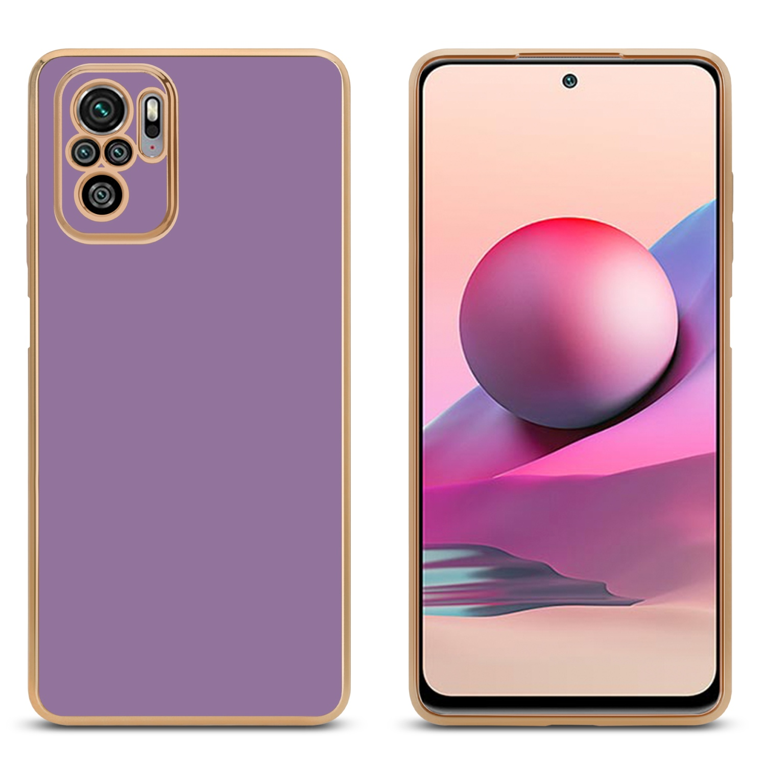 Custodia viola con bordi dorati accanto a un telefono con sfondo astratto colorato.