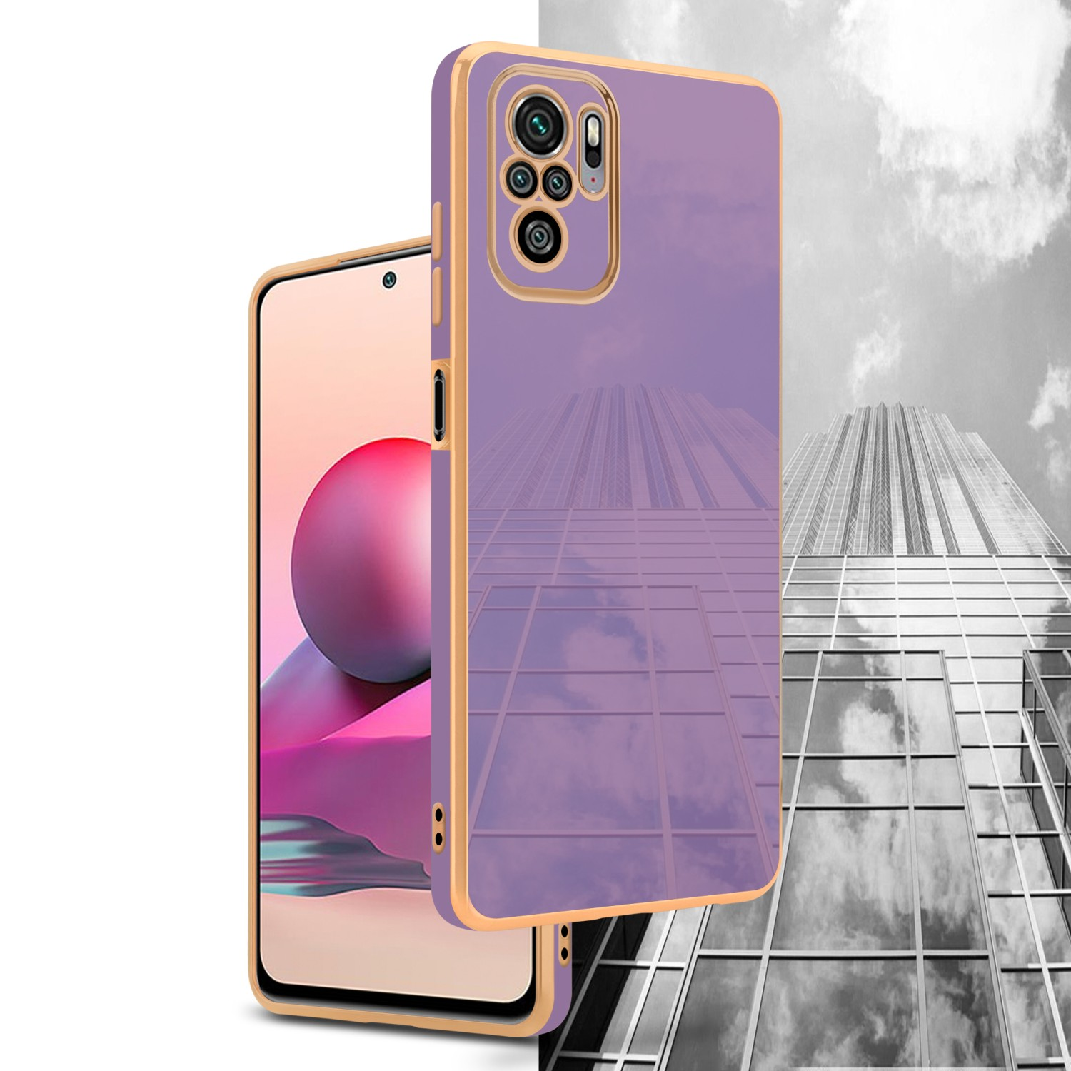Custodia e telefono viola, finiture dorate, con un edificio di vetro sullo sfondo.