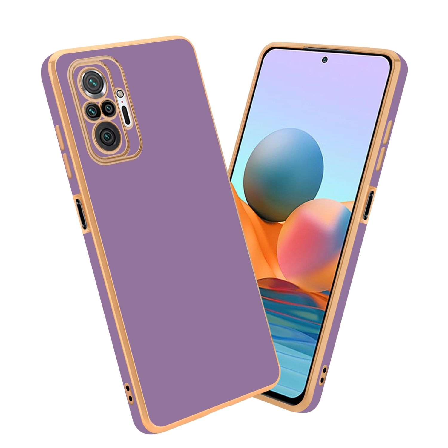 Eine lila Handyhülle mit goldener Umrandung, neben einem Telefon, das einen orangefarbenen und blauen Hintergrund zeigt.