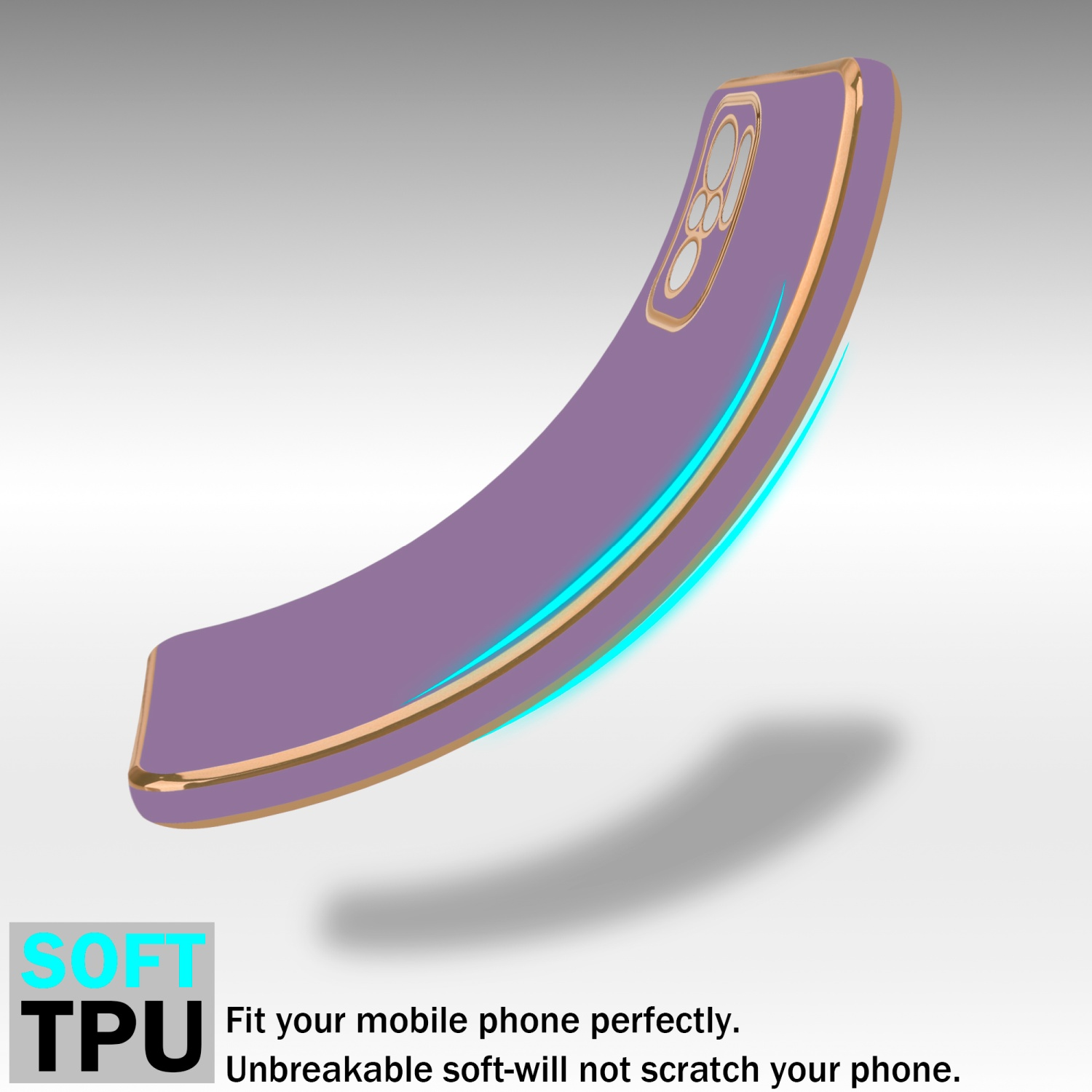 Custodia per telefono viola con bordo dorato. Testo: SOFT TPU. Vestibilità perfetta. Infrangibile, morbido, antigraffio.