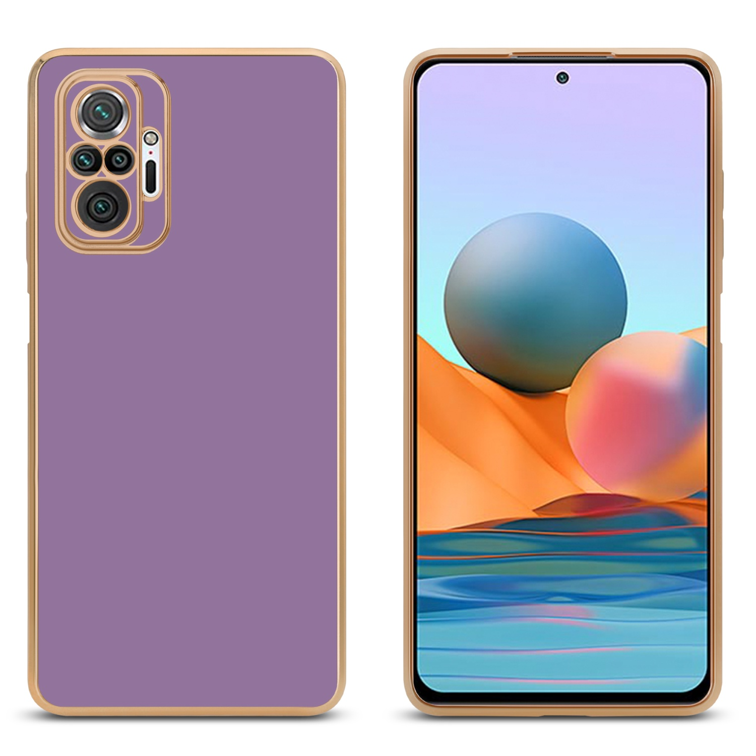 Lila Handyhülle mit goldenem Rahmen und ein Telefon mit bunten Kugeln. Weißer Hintergrund.