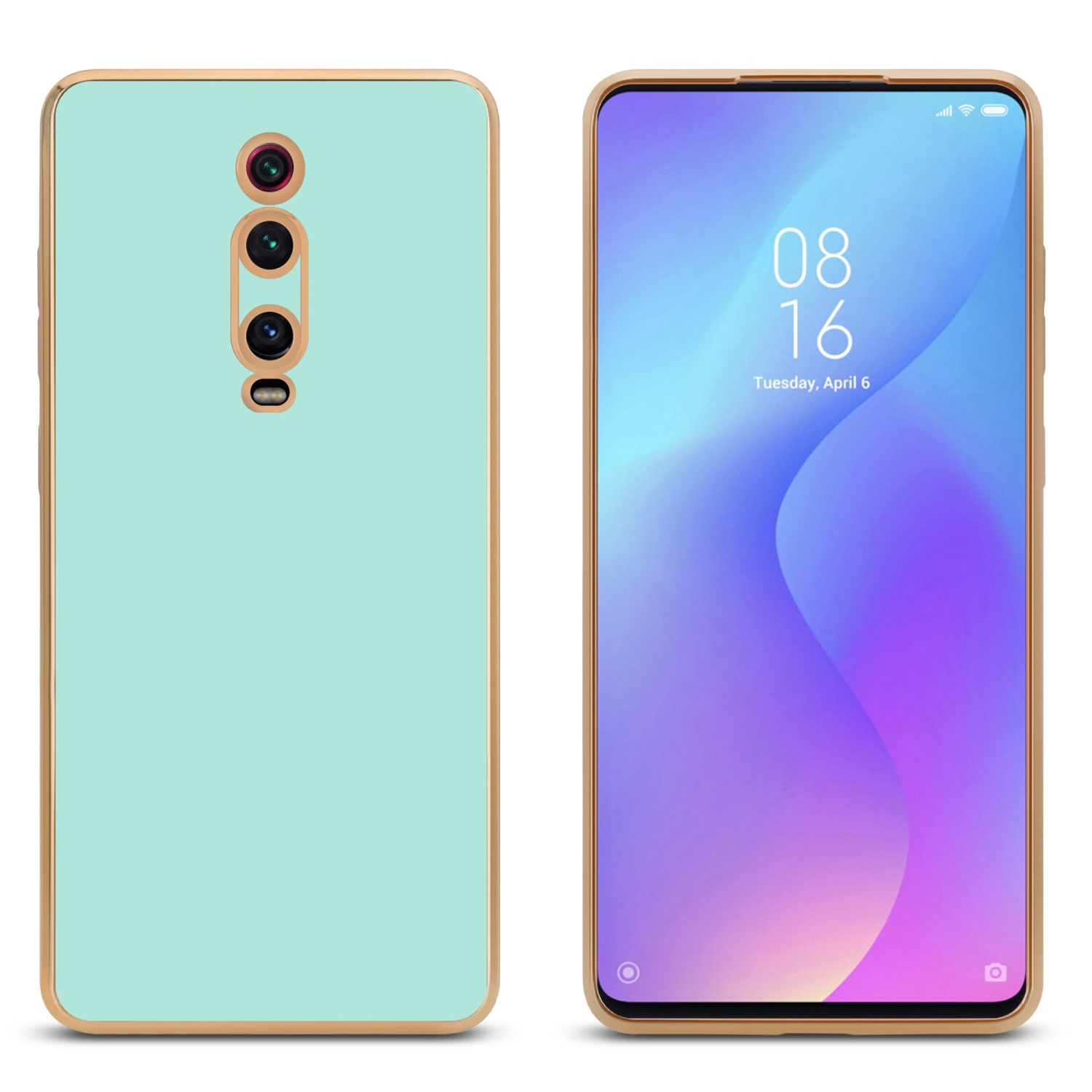 Eine Handyhülle mit goldenem Rahmen und ein Telefon mit blau-violettem Bildschirm.