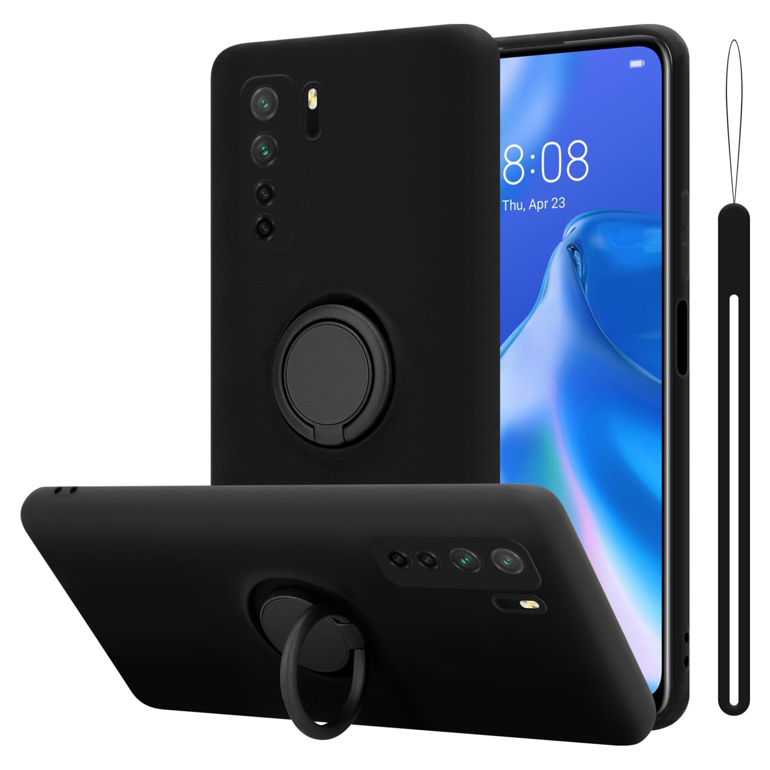 Schwarze Handyhülle mit Ring, mit einem Telefon, das den Bildschirm anzeigt.