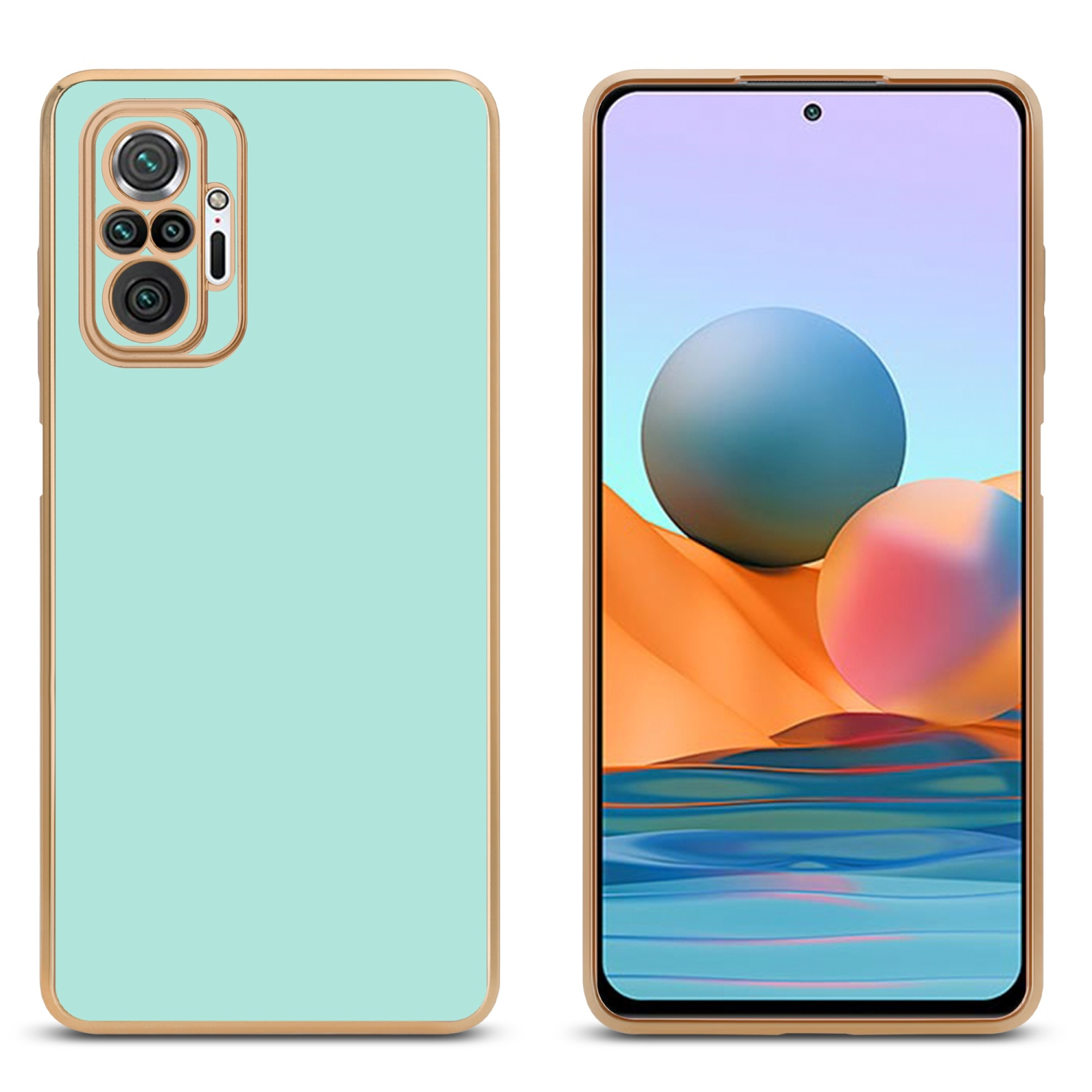 Zwei Telefone. Eines hat eine mintfarbene Rückseite und goldfarbenen Rand. Das andere zeigt eine Landschaft. Hintergrund: weiß.
