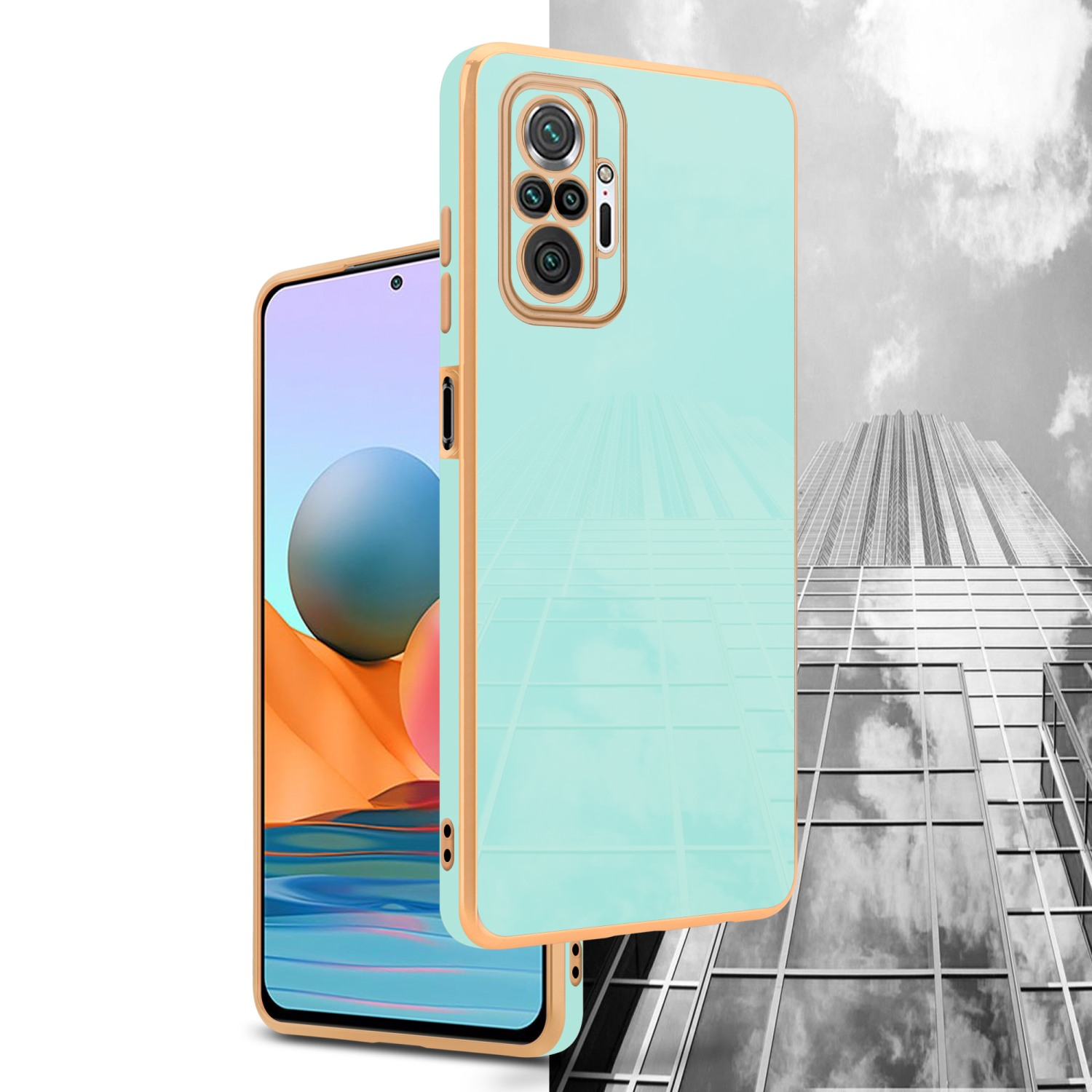 Zwei Telefone, eines mit blauem und orangefarbenem Bild, das andere mit hellgrüner Handyhülle. Goldbesatz und ein Gebäude.
