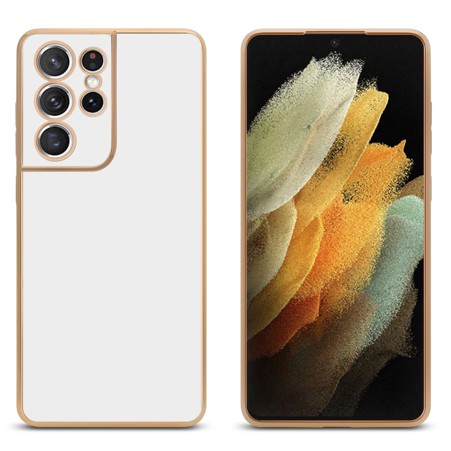 Weiße Handyhülle mit goldenem Rahmen neben einem Telefon mit weißer Rückseite und goldenem Rahmen.