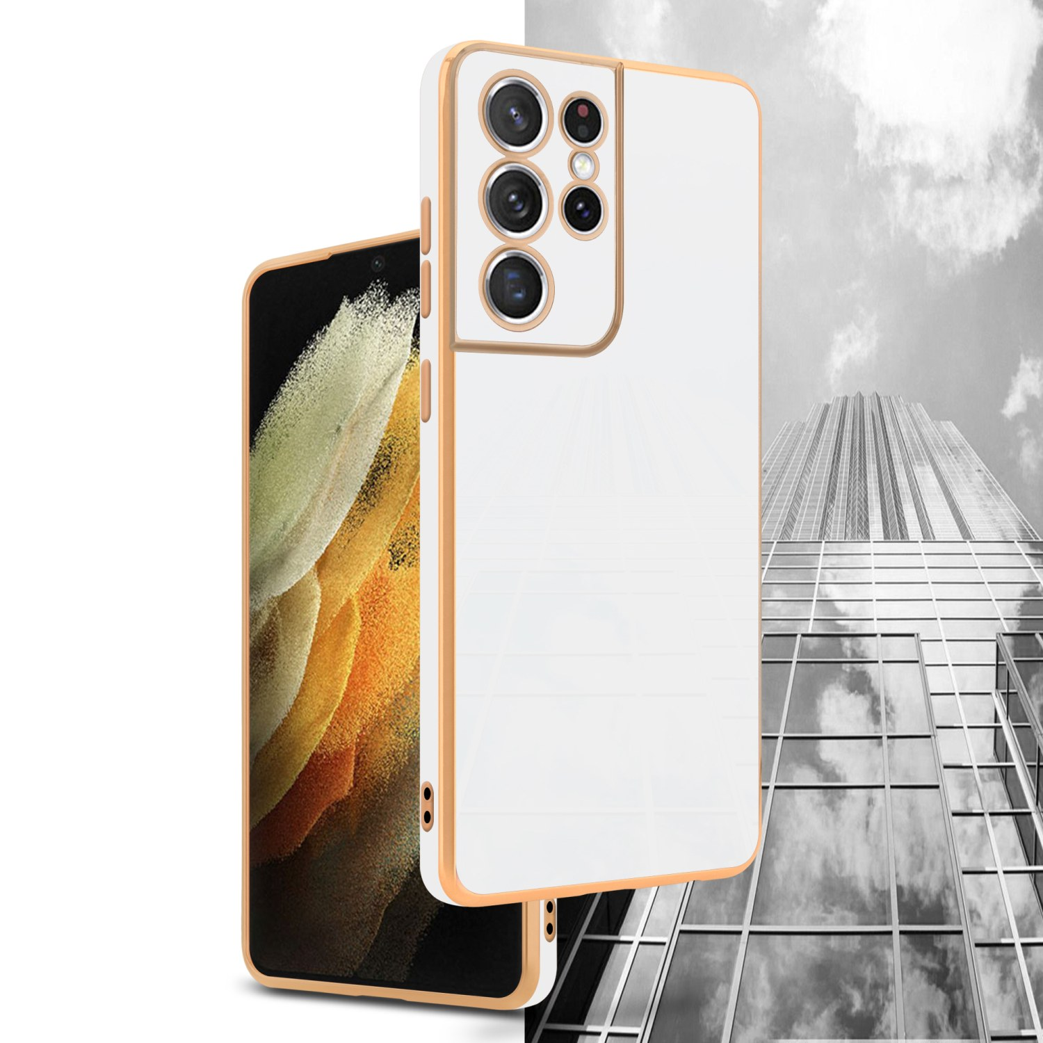 Handyhülle mit weißer Rückseite und goldenem Rahmen, neben einem Telefon, das einen Bildschirm zeigt. Im Hintergrund ein Wolkenkratzer.