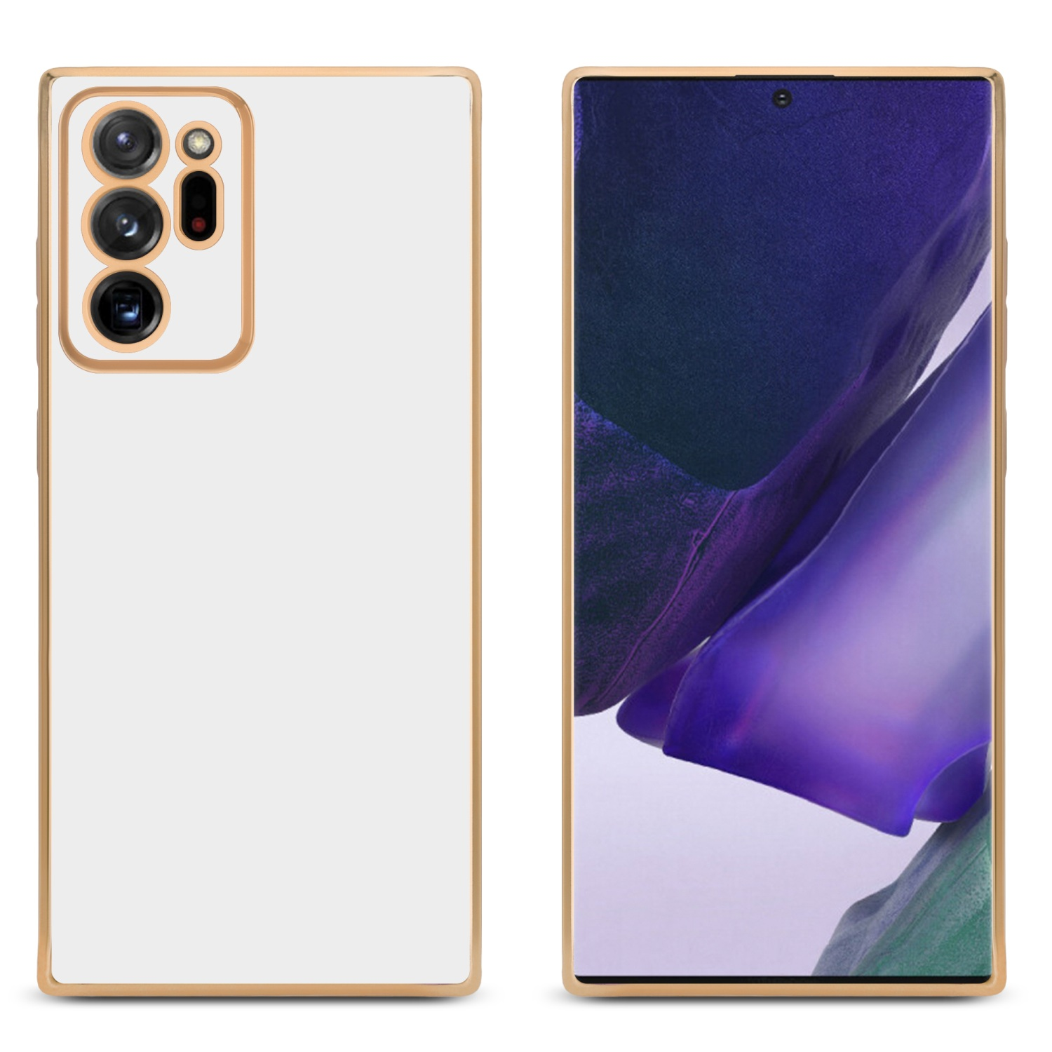 Zwei Telefone in goldgerahmten weißen Hüllen.