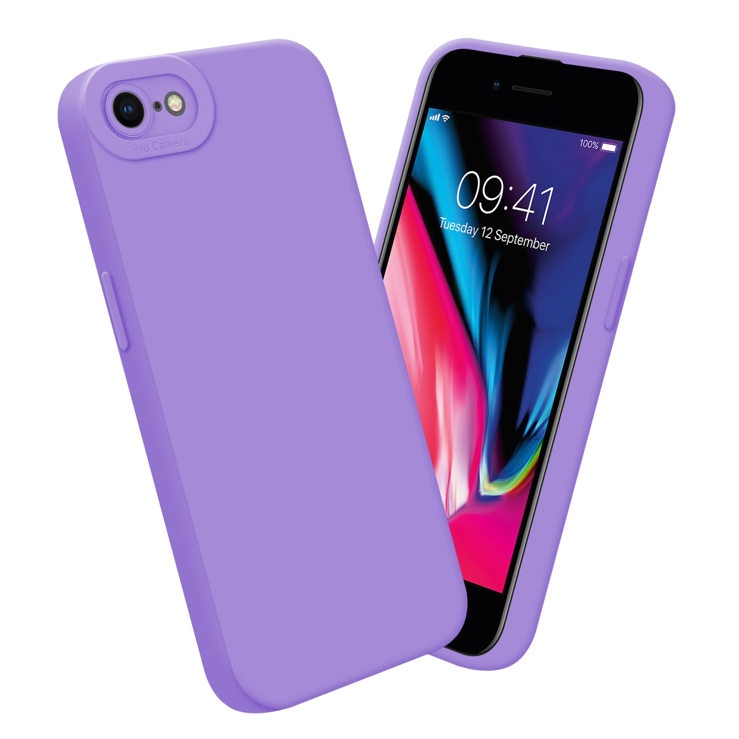 Custodia e telefono viola, su sfondo bianco. Il telefono mostra uno schermo.