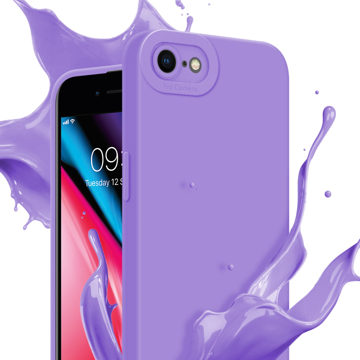 Un telefono all'interno di una custodia viola con uno spruzzo di vernice viola. Il telefono mostra l'ora.