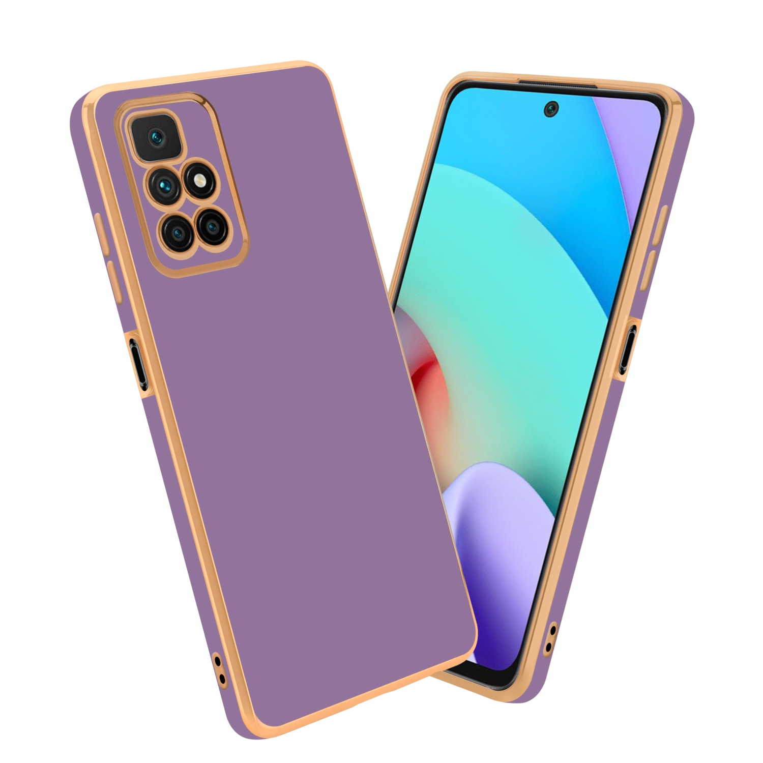 Lila Handyhülle mit goldenem Rand auf einem Handy. Das Handy ist angewinkelt und zeigt den Bildschirm und die Hülle.