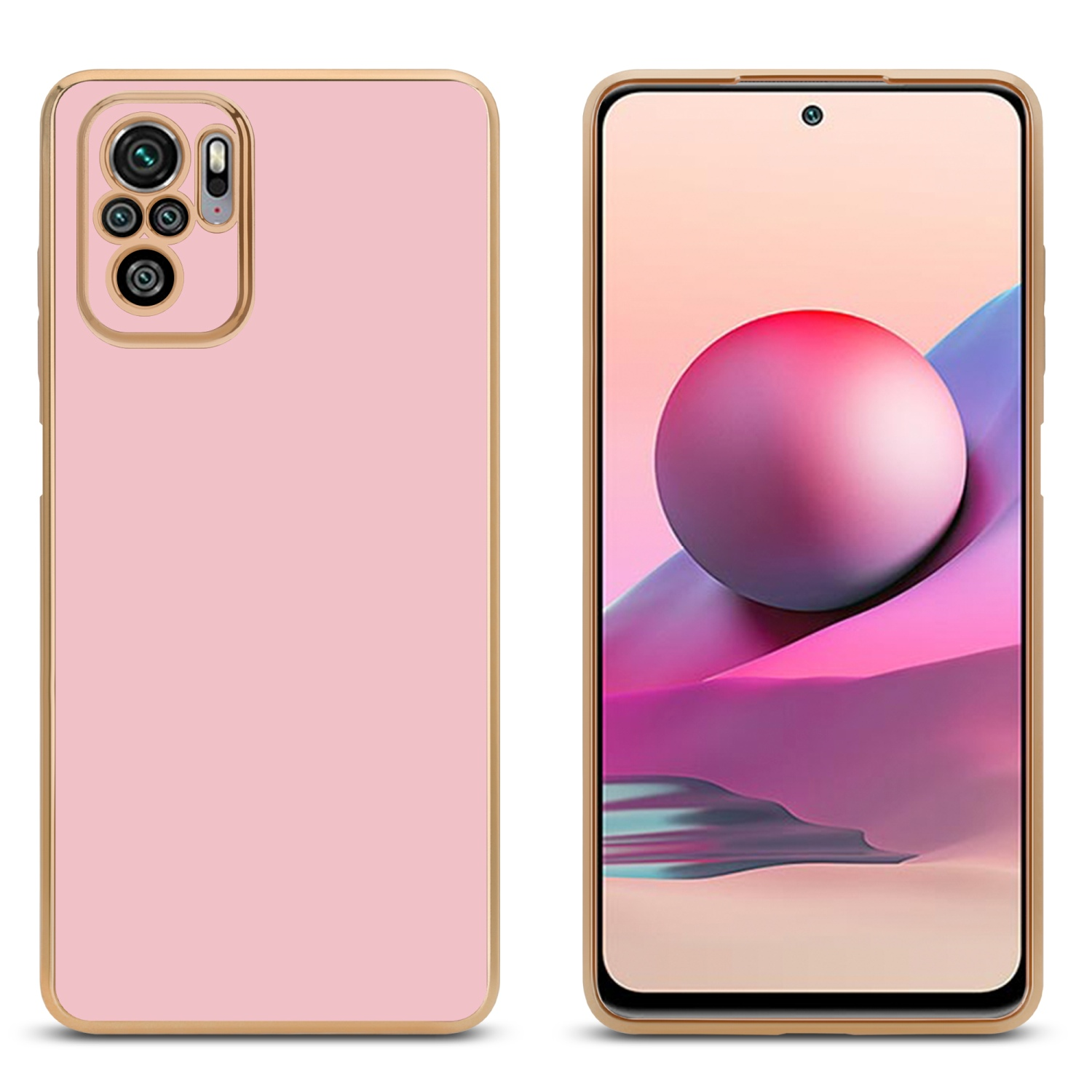 Custodia per telefono rosa con finiture dorate e schermo del telefono visualizzato.