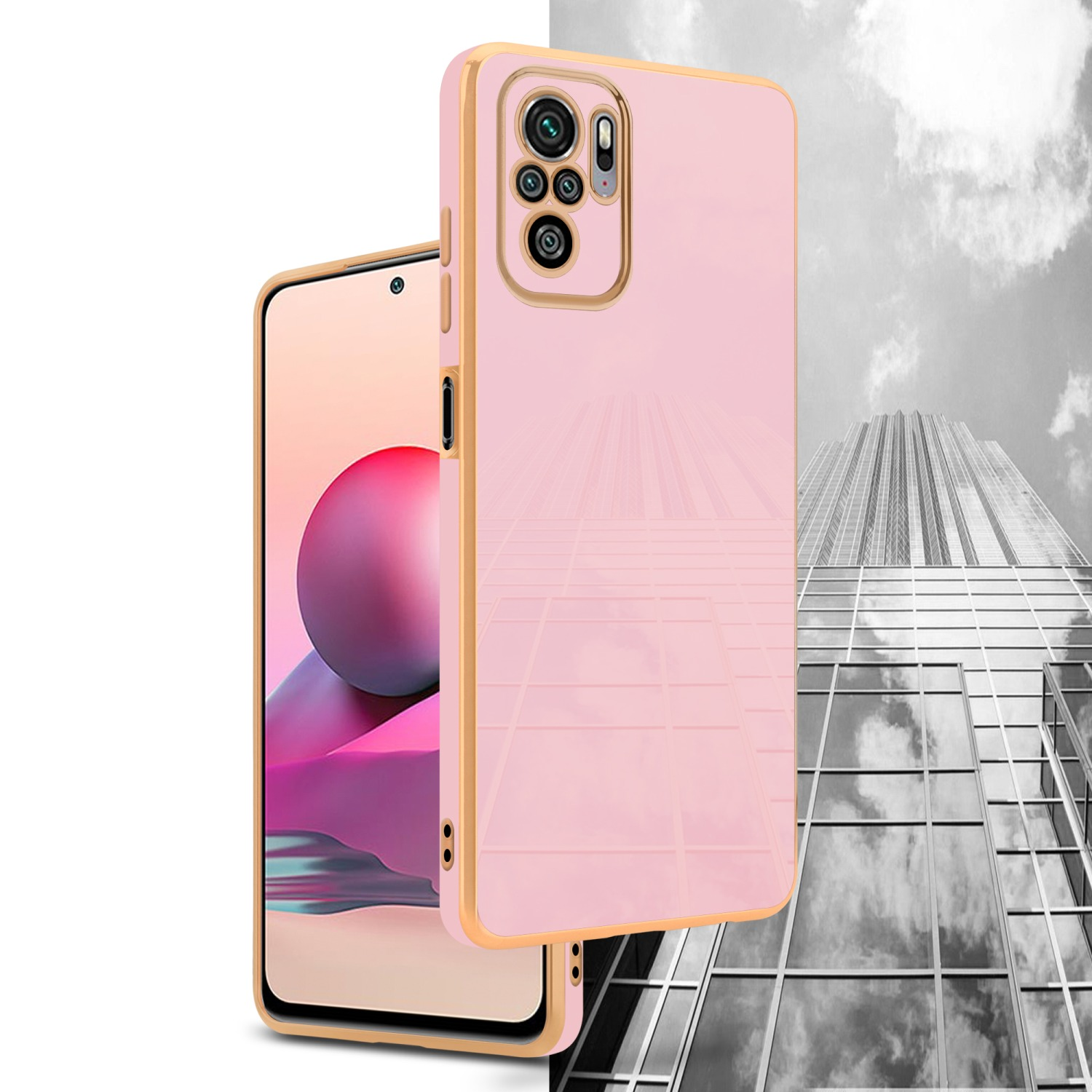 Custodia rosa per telefono con finiture dorate e un edificio sullo sfondo. Il telefono è mostrato in una vista laterale.