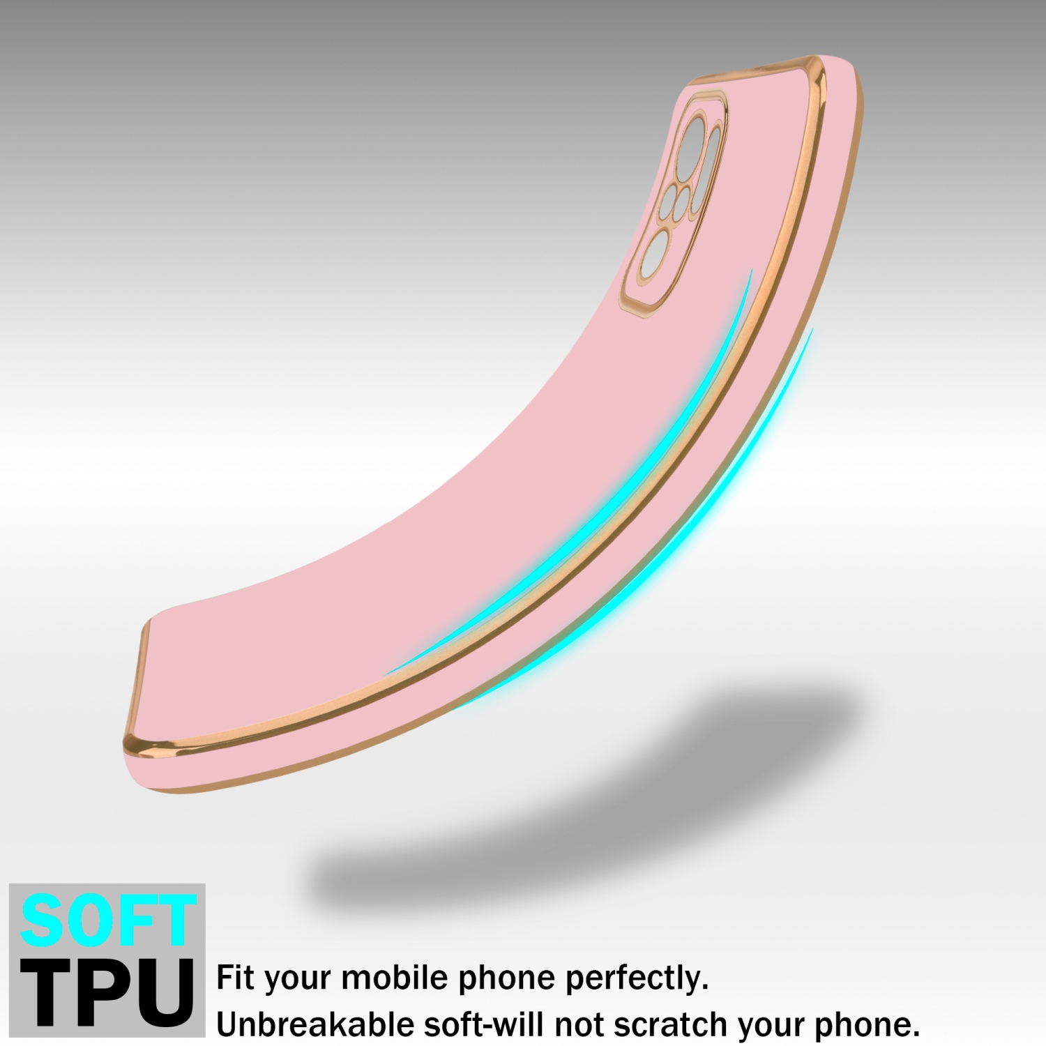 Una custodia per telefono rosa con finiture dorate. È su una superficie grigio chiaro. Viene mostrato il testo SOFT TPU.