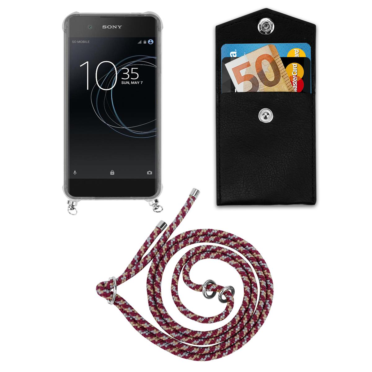 Telefon- und Geldbörsenetui mit Lanyard. Das Telefon ist schwarz und das Lanyard rot.
