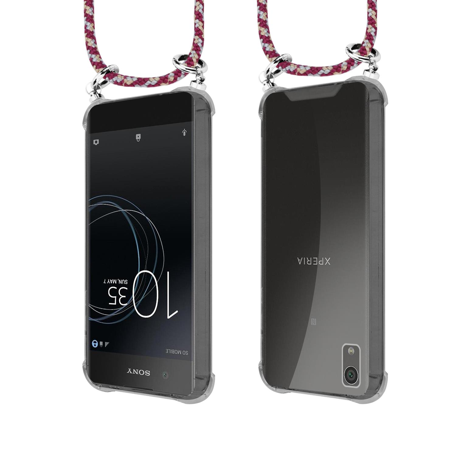 Zwei Telefone mit transparenten Hüllen und einem weinroten Schlüsselband, eins mit Uhrzeit.