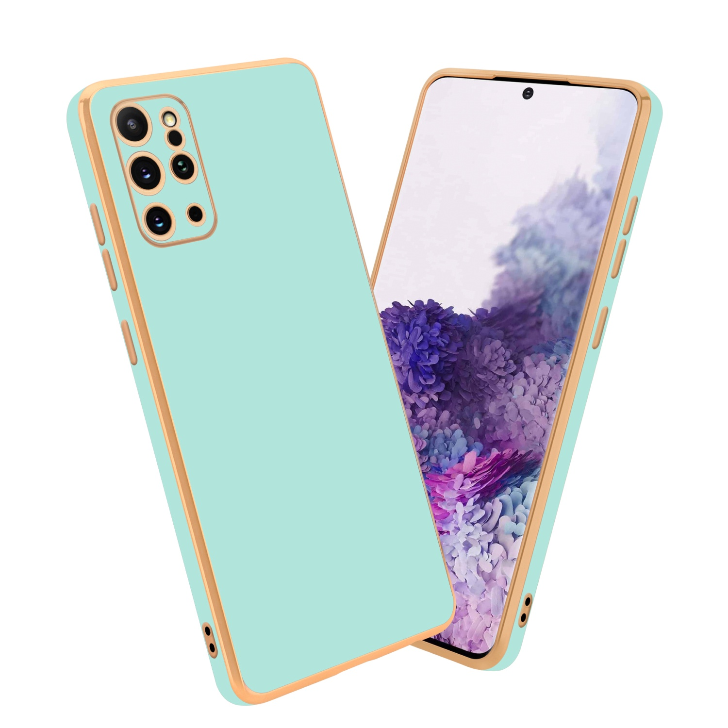 Zwei Telefone in mintgrünen Hüllen mit goldfarbenem Rand. Bildschirme zeigen Hintergründe.