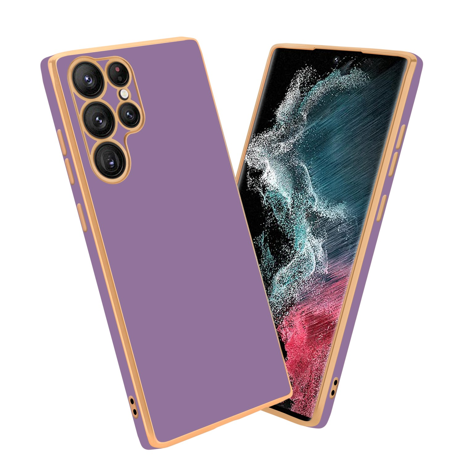Lila-goldene Handyhülle mit Telefon, das eine Farbanzeige zeigt.