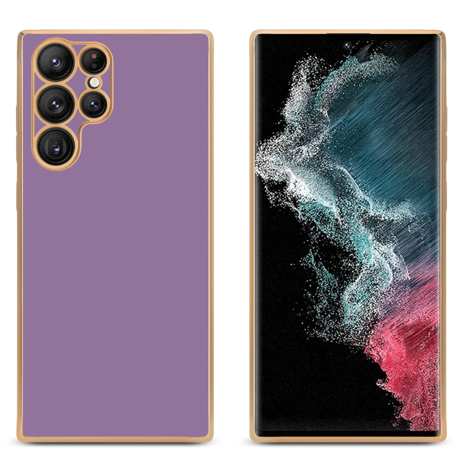 Zwei Telefone; eines mit lila Rückseite, das andere mit farbenfrohem Bildschirm, beide mit goldenem Rand.