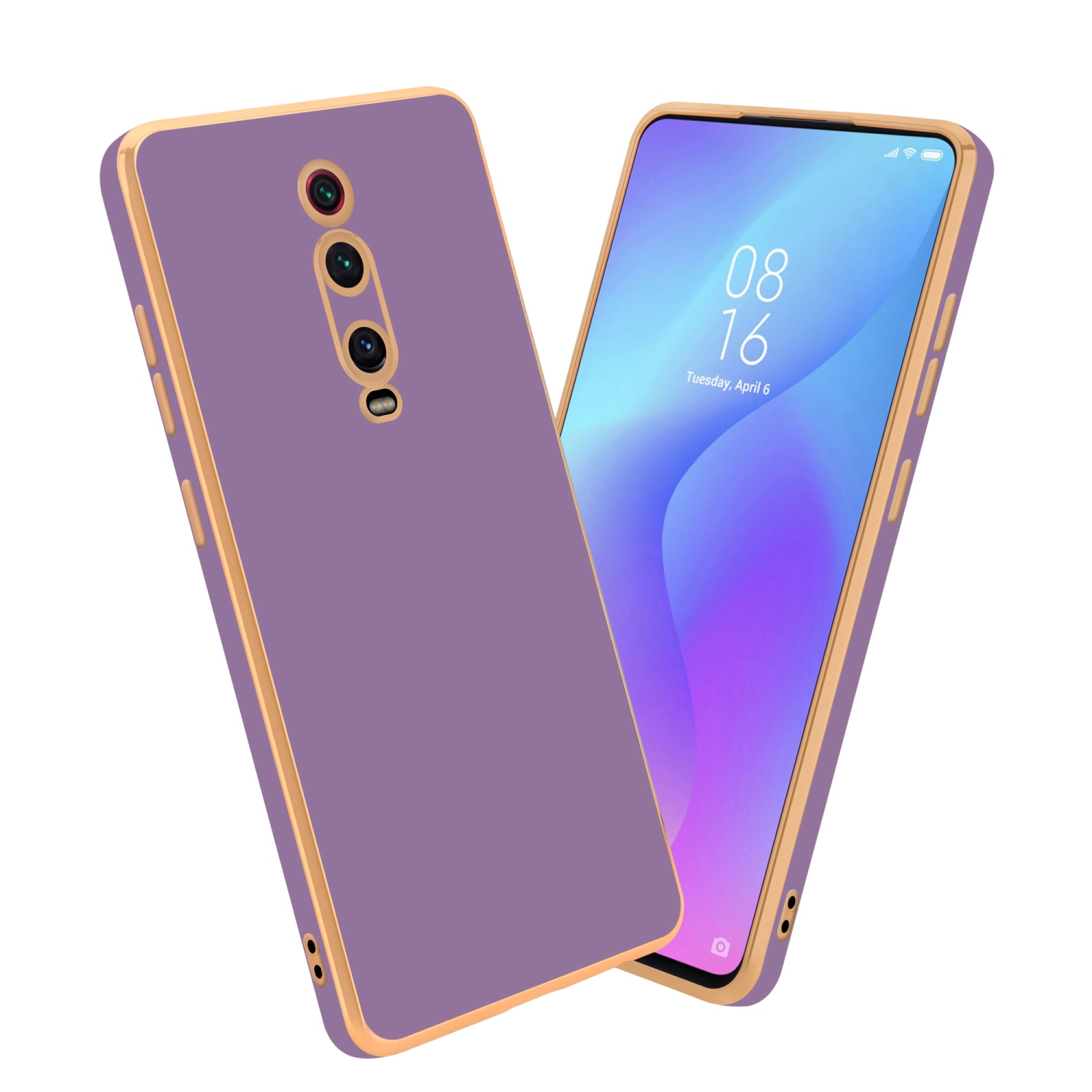 Lila Handyhülle mit Goldkanten neben einem Handy. Das Handy zeigt seinen Bildschirm.