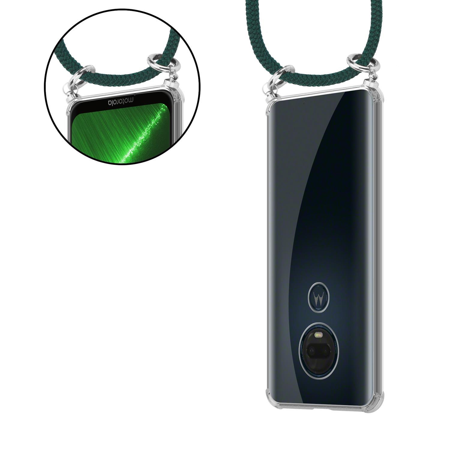 Telefon mit grünem Bildschirm, hängt mit einem dunkelgrünen Seil. Weißer Hintergrund.