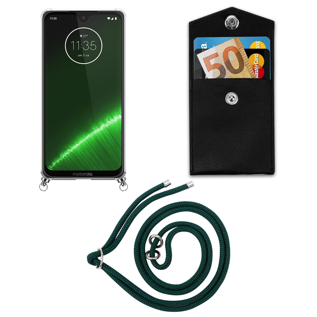 Ein Telefon mit klarer Hülle und Lanyard, eine schwarze Brieftasche mit Karten und ein grünes Lanyard.