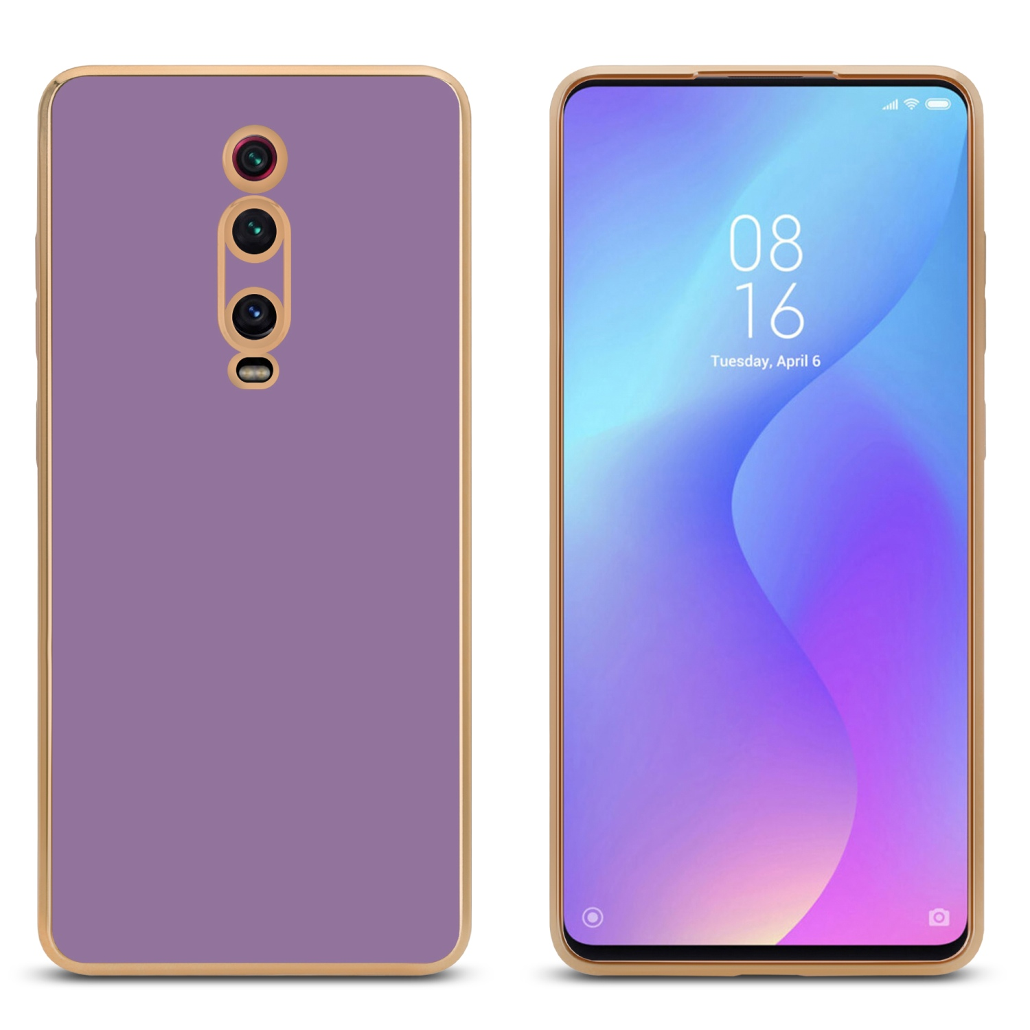 Zwei Telefonansichten nebeneinander. Lavendelhülle links, Telefonbildschirm rechts. Goldbesatz an beiden.