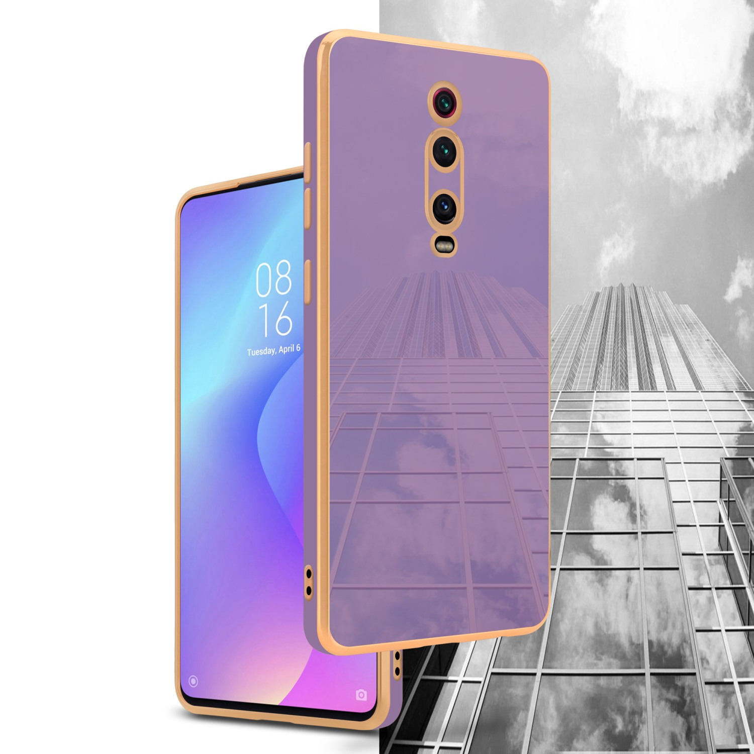 Zwei Telefone, eines mit lila Handyhülle, goldenem Rand und einem Gebäude im Hintergrund reflektiert.