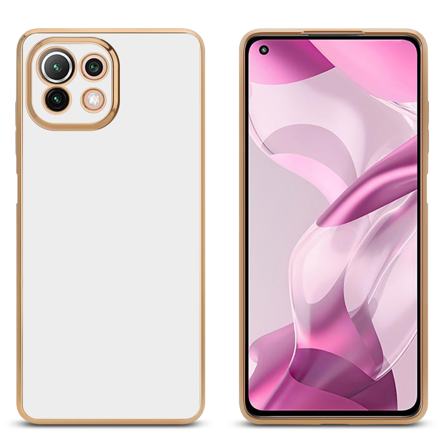 Zwei Telefone. Eins weiß mit goldenem Rand, eins mit Bildschirm an. Weißer Hintergrund.