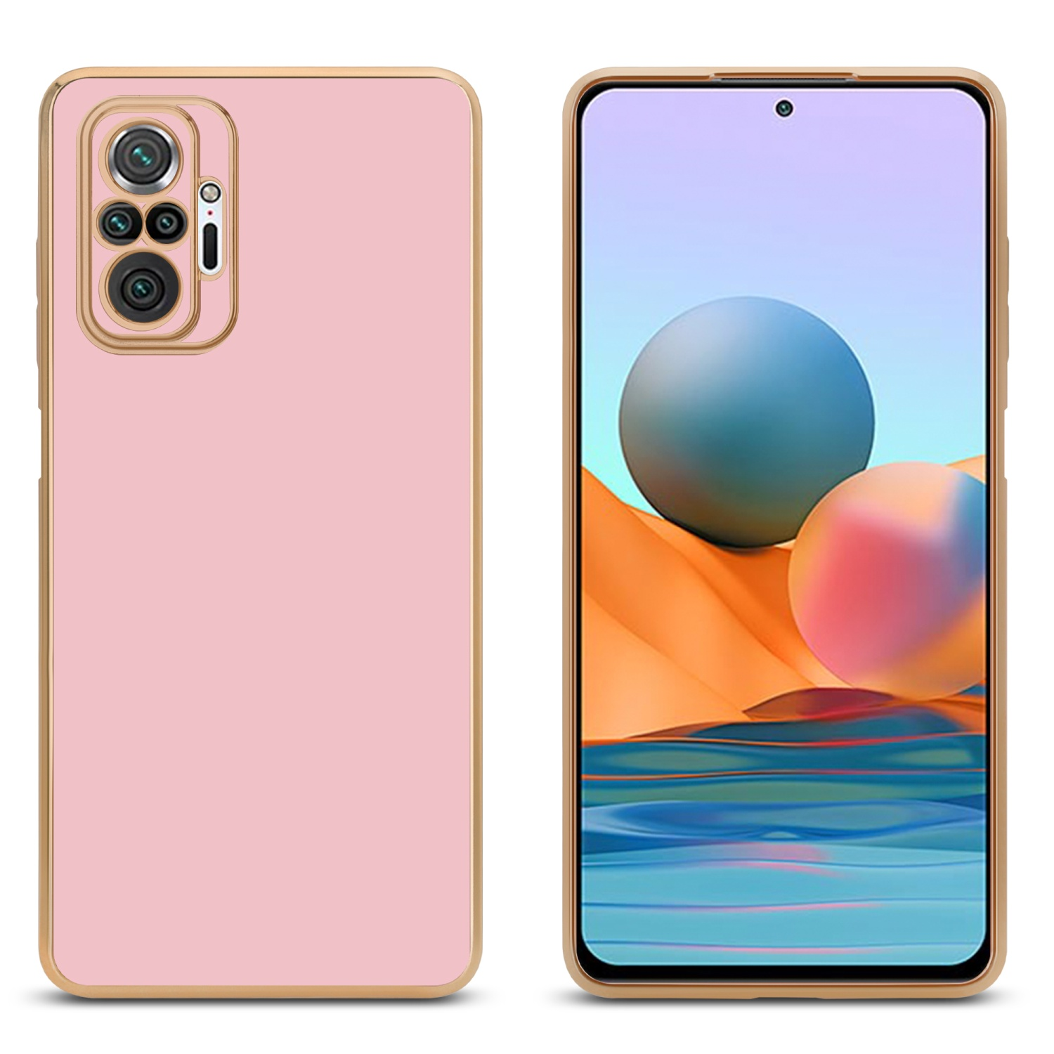 Rosa Handyhülle links und Telefon rechts. Goldakzente. Weißer Hintergrund.
