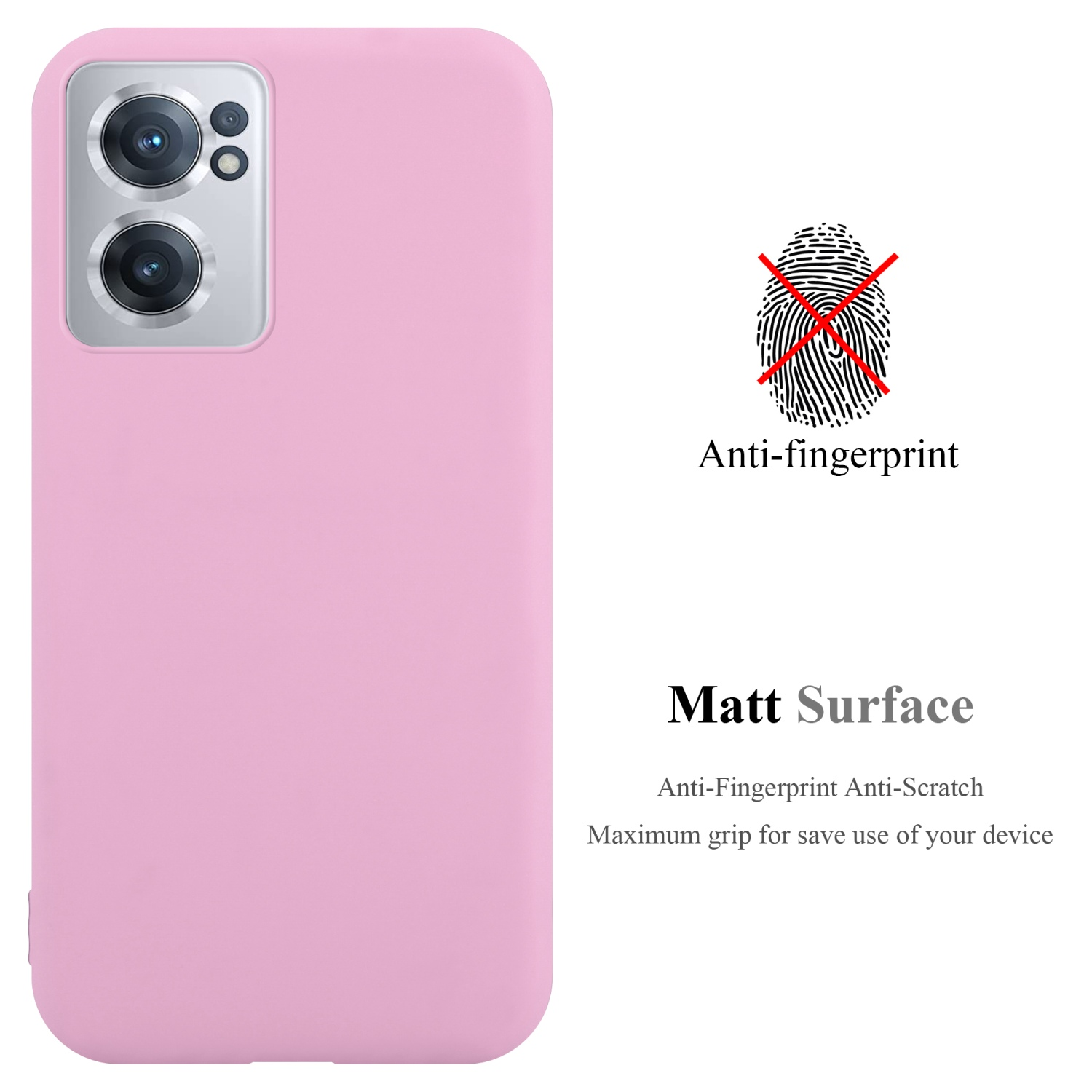 Rosa Handyhülle mit Text 'Anti-fingerprint' und 'Matt Surface'.