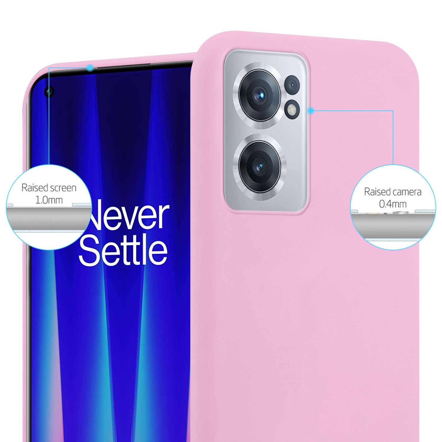 Eine hellrosa Handyhülle mit einem Telefon im Inneren. Text links und rechts vom Telefon.