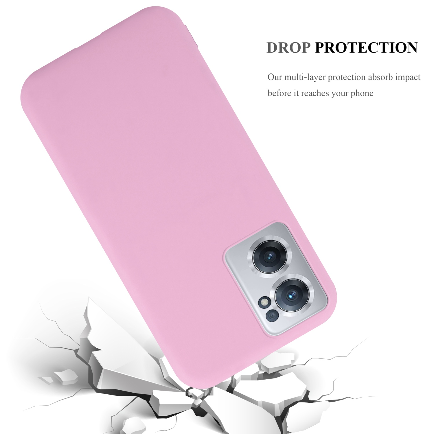 Rosa Handyhülle fällt und schlägt auf dem Boden auf. Der Boden ist rissig. Text: DROP PROTECTION.
