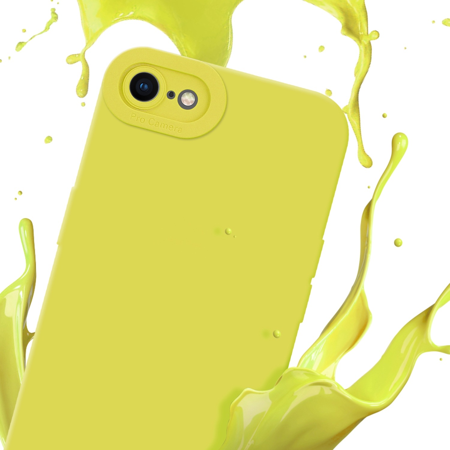 Custodia gialla con protezione fotocamera, con schizzi di liquido giallo su sfondo bianco.
