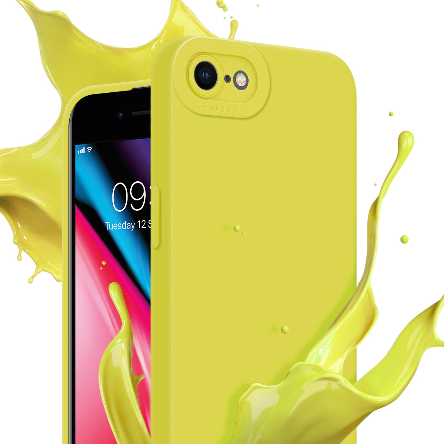 Una custodia per telefono verde lime con un telefono all'interno, con un effetto splash giallo. Il telefono mostra l'ora.