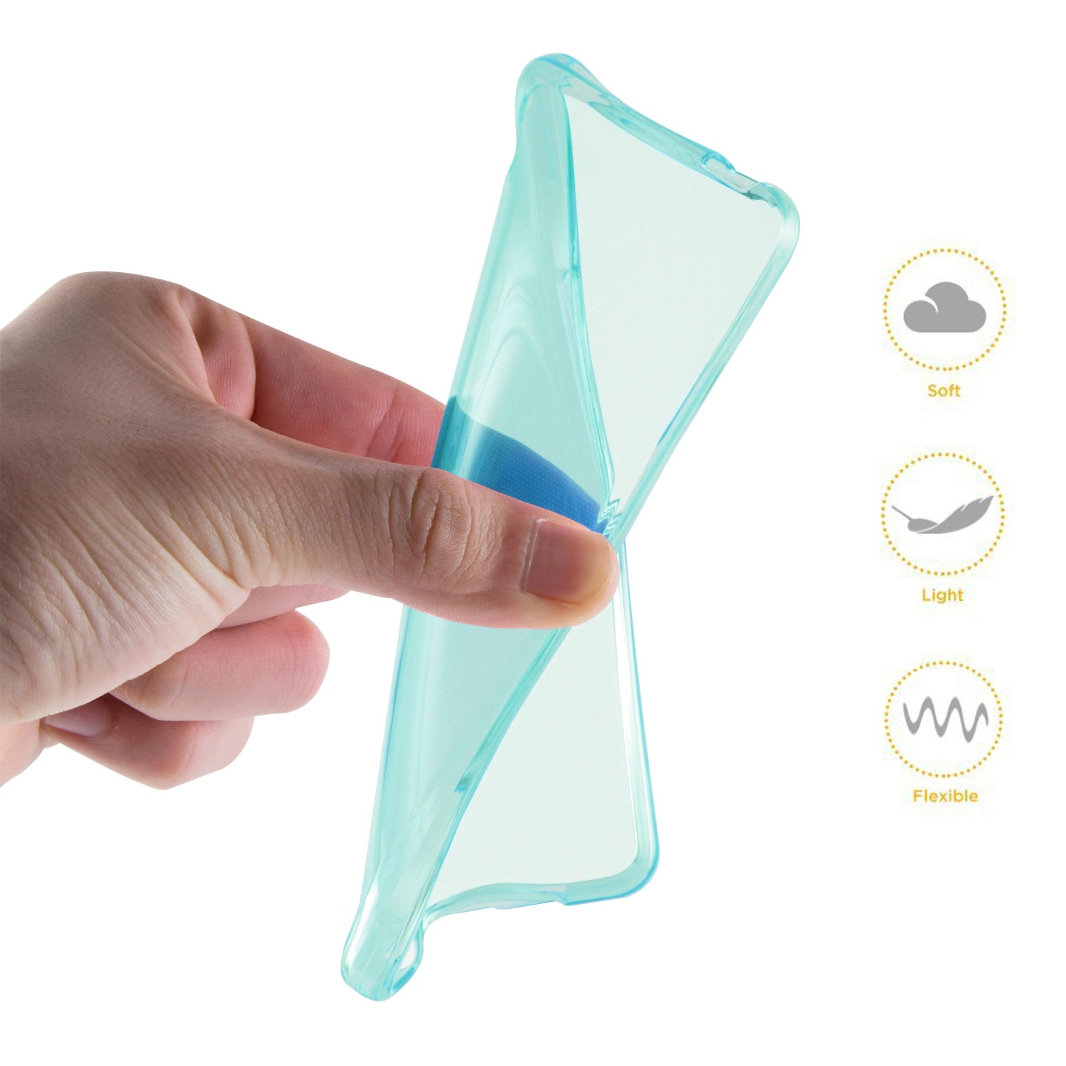 Hand hält transparente blaue Handyhülle. Mit drei Symbolen und Text.