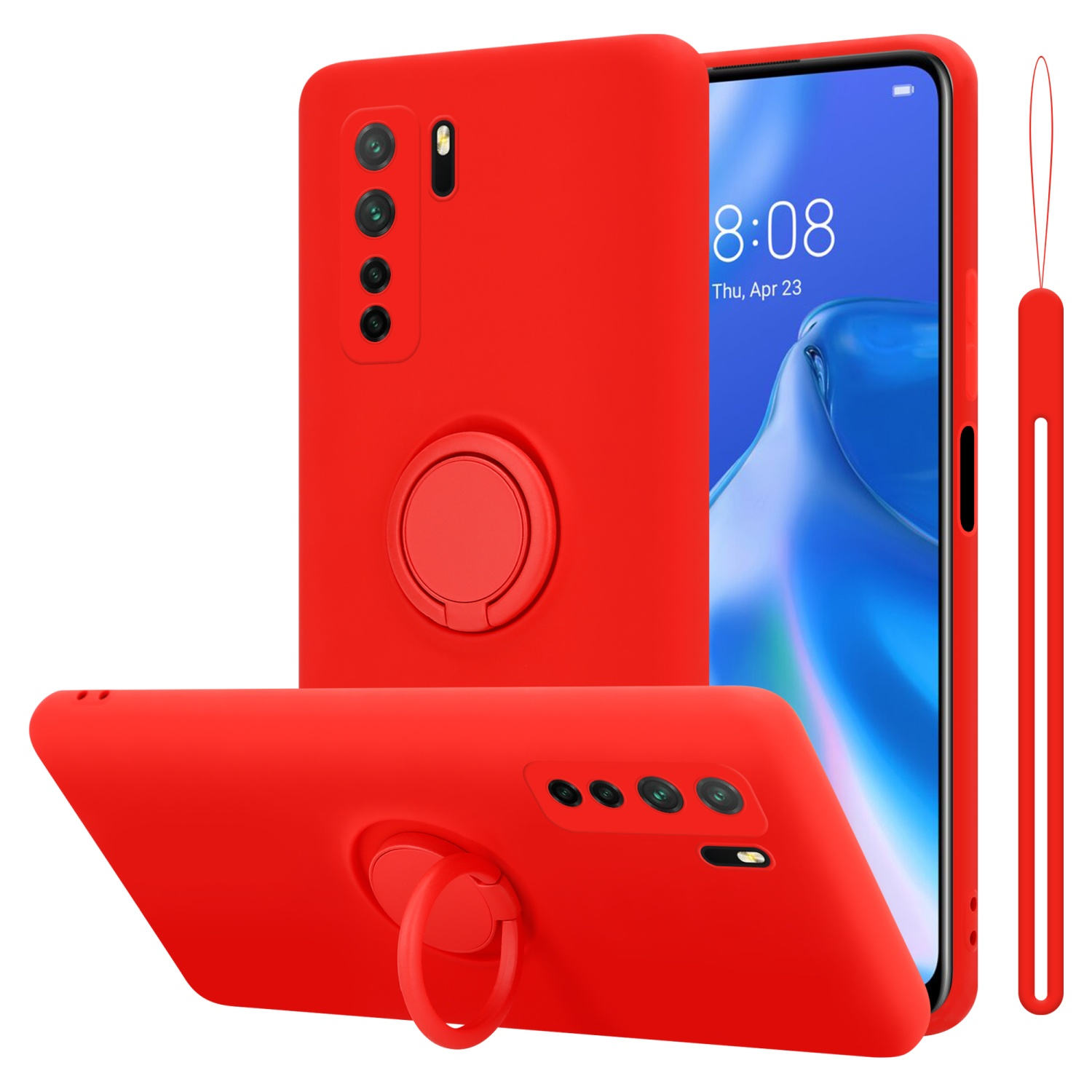 Rote Handyhülle mit Ring und einem Telefon. Das Telefon zeigt die Uhrzeit 8:08 Uhr.