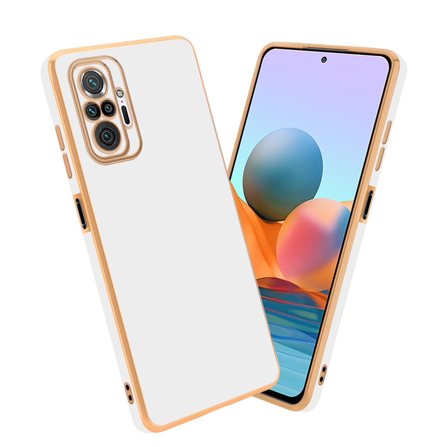 Weiße Handyhülle mit goldenem Rahmen. Telefon sichtbar.