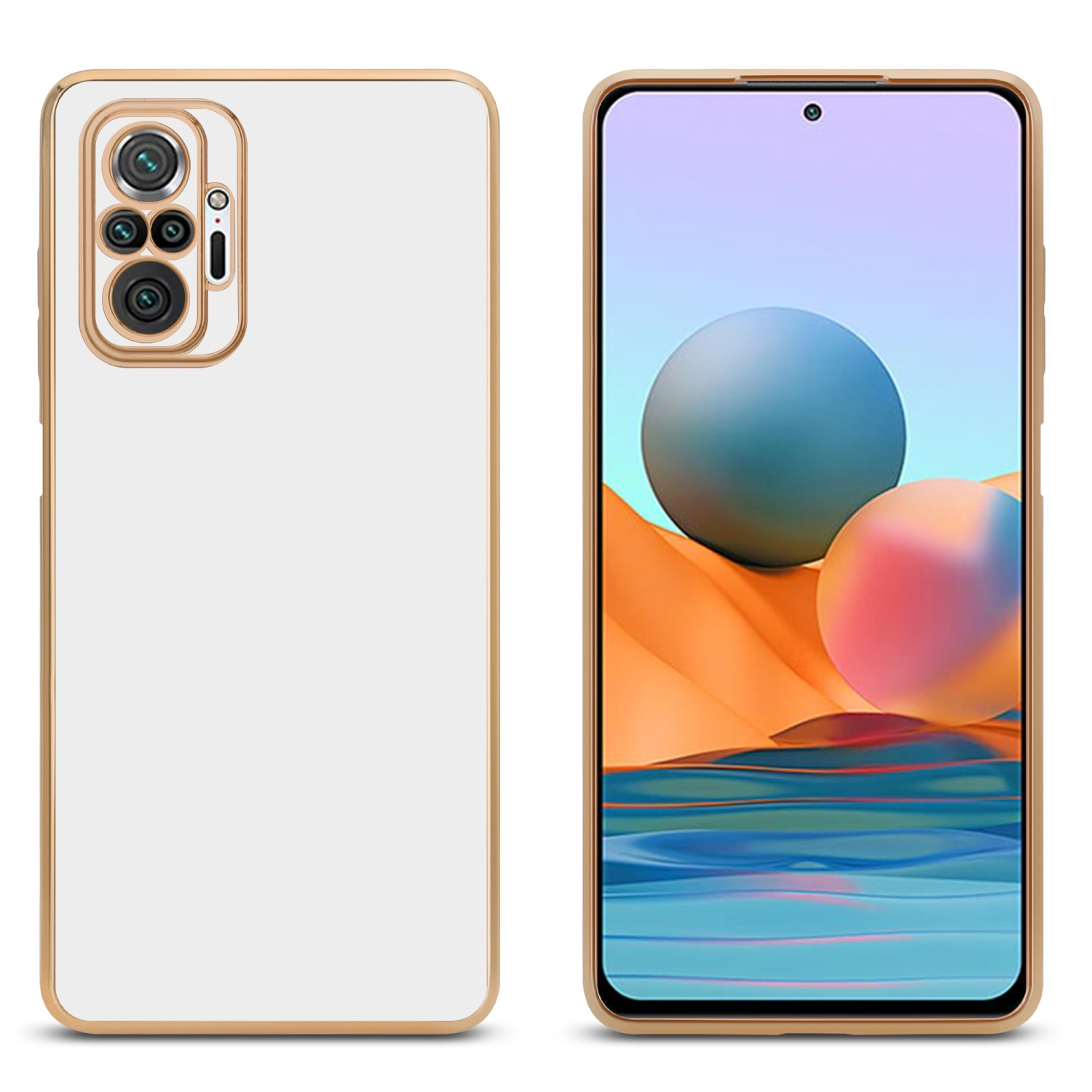Weiße Handyhülle links, Telefonbildschirm rechts, mit goldenem Rahmen und unscharfem Hintergrund.