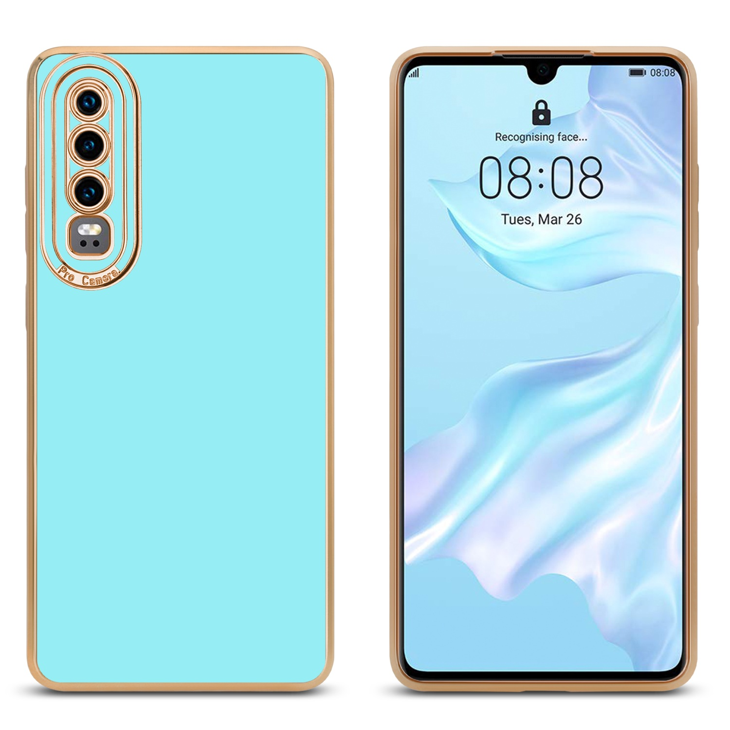 Handyhülle und Telefonbildschirm nebeneinander. Uhrzeit und Datum.