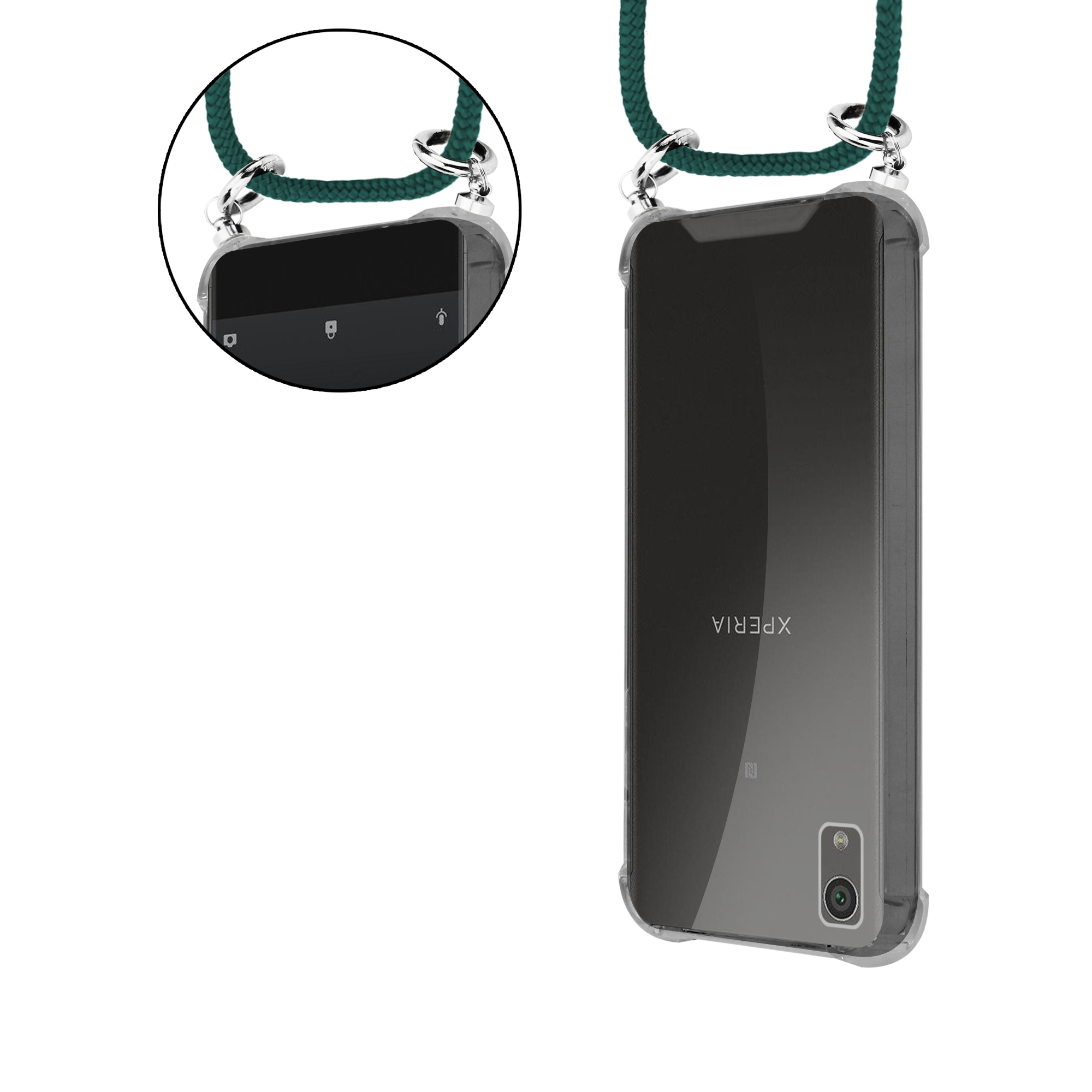 Ein Telefon in einer transparenten Hülle mit einem grünen Umhängeband. Das Band ist geschlauft.